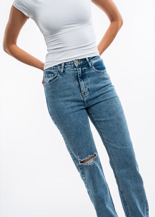 SIENNA - Ripped knee blue denim jeans