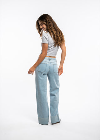 STELLA - Jean straight fit denim bleu clair au revers