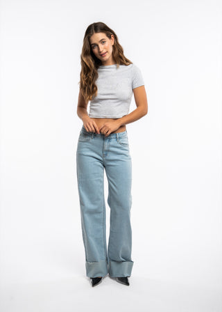 STELLA - Jean straight fit denim bleu clair au revers