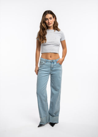 STELLA - Jean straight fit denim bleu clair au revers
