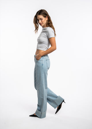 STELLA - Jean straight fit denim bleu clair au revers