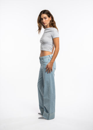 STELLA - Jean straight fit denim bleu clair au revers