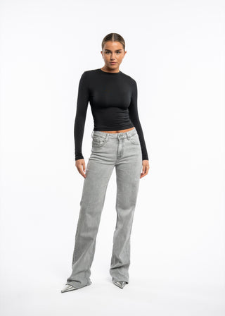 LUCY - Extra long wide-leg grey jeans with a mid-rise waist