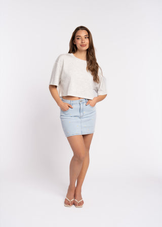 JULIE - Sky blue denim skirt with floral embroidery