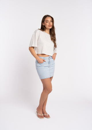 JULIE - Jupe denim bleu ciel brodés de fleurs