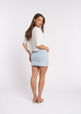 JULIE - Jupe denim bleu ciel brodés de fleurs