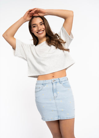 JULIE - Jupe denim bleu ciel brodés de fleurs