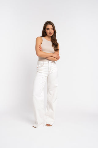 LOLA - Jean blanc coutures marrons