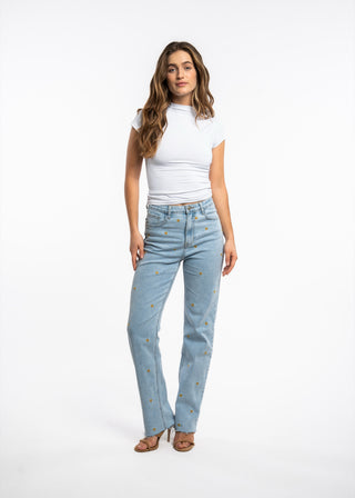 SANDRINE - Straight jeans embroidered with yellow flowers