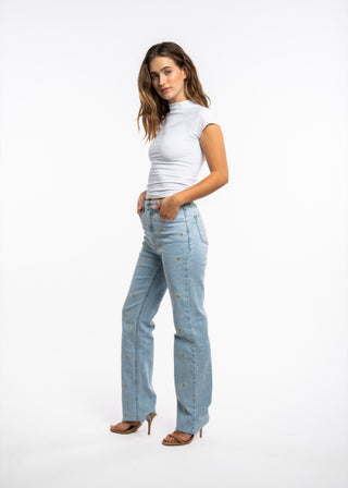 SANDRINE - Straight jeans embroidered with yellow flowers