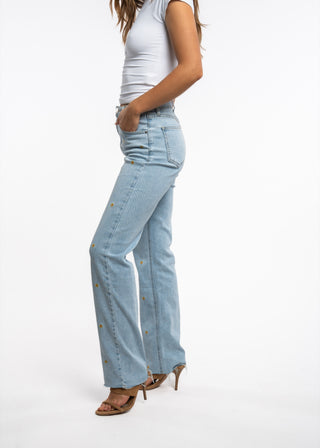 SANDRINE - Straight jeans embroidered with yellow flowers