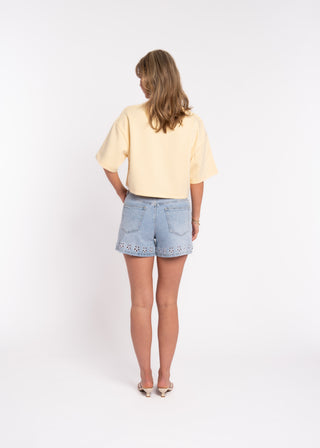 GLORY - Short denim bleu broderie anglaise